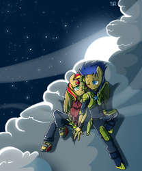Size: 1500x1800 | Tagged: safe, artist:xonitum, character:flash sentry, character:sunset shimmer, species:anthro, species:human, species:unguligrade anthro, ship:flashimmer, ambiguous facial structure, armor, bracelet, cloud, cute, female, holding hands, humanized, jewelry, male, moon, night, ring, sandals, shipping, sitting, sky, smiling, straight, wink