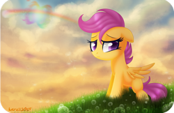 Size: 800x518 | Tagged: safe, artist:karzii, character:rainbow dash, character:scootaloo, g4, my little pony: friendship is magic, dandelion, female, floppy ears, grass, sad, scenery, scootaloo can't fly, solo, sonic rainboom, sunset