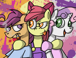 Size: 650x500 | Tagged: safe, artist:putuk, character:apple bloom, character:scootaloo, character:sweetie belle, species:anthro, abstract background, cigarette, cutie mark crusaders, female, smokerloo, smoking