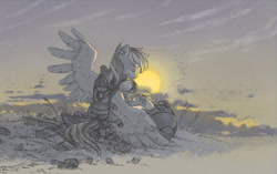 Size: 1280x804 | Tagged: safe, artist:onkelscrut, character:rainbow dash, armor, eyes closed, female, limited palette, sad, sitting, solo, spread wings, sun, sunset, tired, wings