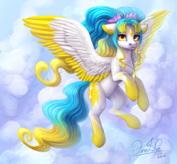 Size: 1300x1200 | Tagged: safe, artist:andyfirelife, oc, oc only, oc:faira star, species:pegasus, species:pony, cloud, colored ears, colored hooves, colored wings, colored wingtips, female, floppy ears, flying, jewelry, looking at you, mare, necklace, pendant, pigtails, signature, solo, spread wings, twintails, wings