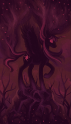 Size: 571x1000 | Tagged: safe, artist:dany-the-hell-fox, character:nightmare twilight sparkle, character:twilight sparkle, character:twilight sparkle (alicorn), species:alicorn, species:pony, dark, female, flowing mane, glowing eyes, limited palette, nightmare, solo, tabun art-battle
