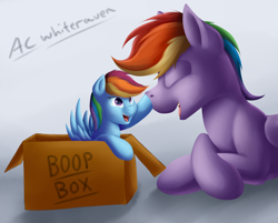 Size: 1280x1030 | Tagged: safe, artist:ac-whiteraven, character:rainbow blaze, character:rainbow dash, species:pony, boop, boop box, box, cute, dashabetes, eyes closed, father and daughter, filly rainbow dash, open mouth, pony in a box, prone, signature, smiling, weapons-grade cute, younger