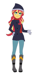 Size: 1714x3500 | Tagged: safe, artist:backgrounduser, character:sunset shimmer, my little pony:equestria girls, clothing, female, gloves, looking at you, scarf, smiling, solo, winter outfit