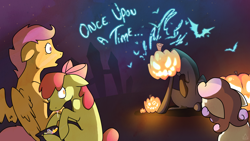 Size: 3550x2000 | Tagged: safe, artist:pon-ee, character:apple bloom, character:scootaloo, character:sweetie belle, candy, cutie mark crusaders, drool, floppy ears, high res, jack-o-lantern, open mouth, pumpkin, raised hoof, sitting, tongue out, wide eyes