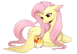 Size: 1300x919 | Tagged: safe, artist:renciel, character:fluttershy, species:bird, cute, prone, shyabetes, signature, smiling, solo