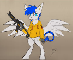 Size: 5815x4756 | Tagged: safe, artist:php122, oc, oc only, oc:wingedthoughts, species:hippogriff, absurd resolution, clothing, colored sketch, cyberpunk, cyborg, grabby boi, hoodie, kriss vector, male, sketch, spread wings, wings