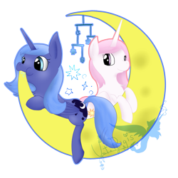 Size: 787x787 | Tagged: safe, artist:jisuppe, character:princess celestia, character:princess luna, cewestia, crib mobile, cute, drool, edible heavenly object, female, filly, filly celestia, filly luna, moon, nom, pink-mane celestia, prone, tangible heavenly object, watermark, woona, younger