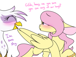 Size: 1280x960 | Tagged: safe, artist:korgikardigan, character:fluttershy, character:gilda, species:griffon, species:pony, ship:gildashy, female, impossibly large ears, lesbian, mare, ring, shipping, wedding ring