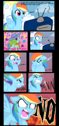 Size: 2788x5870 | Tagged: safe, artist:thex-plotion, character:rainbow dash, g3.5, angry, artifact, big no, comic, crying, meme origin, metalocalypse, no, rainbow dash always dresses in style, television