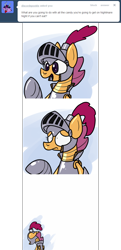 Size: 640x1320 | Tagged: safe, artist:putuk, character:scootaloo, armor, ask, comic, costume, fantasy class, knight, nightmare night, robot, scootabot, tumblr, warrior