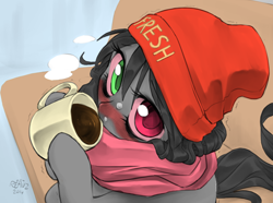 Size: 1094x812 | Tagged: safe, artist:fluttershysone, artist:reavz, oc, oc only, oc:blazing saddles, species:pony, beanie, blushing, chocolate, clothing, couch, food, hat, heterochromia, hot chocolate, living room, looking at you, looking up, mug, scarf, solo