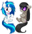 Size: 800x857 | Tagged: safe, artist:miikanism, character:dj pon-3, character:octavia melody, character:vinyl scratch, species:earth pony, species:pony, species:unicorn, g4, accessory swap, chibi, crossed arms, cute, deal with it, duo, frown, messy mane, one eye closed, open mouth, simple background, sitting, smiling, transparent background, underhoof