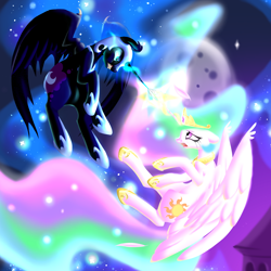 Size: 3000x3000 | Tagged: safe, artist:roaert, character:nightmare moon, character:princess celestia, character:princess luna, crying, fight, magic, redraw