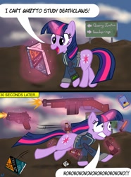 Size: 950x1280 | Tagged: safe, artist:nuka-kitty, character:twilight sparkle, 10mm pistol, buffout, combat shotgun, deathclaw, fallout, fallout: new vegas, for science, funny, gun, jet, jet (drug), nuka cola, pipbuck, psycho, scared, science, silly, vault suit, weapon