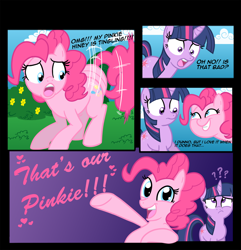 Size: 1376x1426 | Tagged: safe, artist:thex-plotion, character:pinkie pie, character:twilight sparkle, comic, dialogue, heart, pinkie sense, question mark, twitchy tail