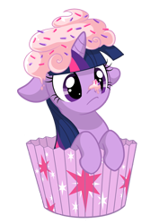 Size: 550x734 | Tagged: safe, artist:miikanism, character:twilight sparkle, species:pony, species:unicorn, :<, confused, cross-eyed, cupcake, cute, cutie mark, female, floppy ears, food, frosting, frown, hnnng, leaning, mare, micro, ponies in food, simple background, solo, tiny ponies, transparent background, twiabetes, twilight sprinkle, vector