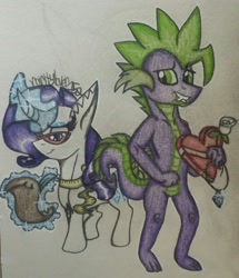 Size: 2050x2380 | Tagged: safe, artist:raritylover152, character:rarity, character:spike, ship:sparity, chest fluff, ear fluff, female, heart, magic, male, older, older spike, shipping, straight, traditional art