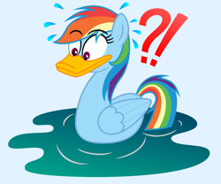 Size: 6295x5230 | Tagged: safe, artist:steam-loco, character:rainbow dash, species:duck, absurd resolution, duck bill, duck pony, exclamation point, female, interrobang, op, pegaduck, question mark, rainbow duck, solo, species swap