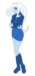 Size: 900x1900 | Tagged: safe, artist:backgrounduser, character:trixie, my little pony:equestria girls, boots, clothing, dress, female, skirt, smiling, solo, tube skirt