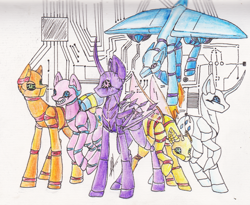 Size: 1166x955 | Tagged: safe, artist:rimmi1357, character:applejack, character:fluttershy, character:pinkie pie, character:rainbow dash, character:rarity, character:twilight sparkle, character:twilight sparkle (alicorn), species:alicorn, species:earth pony, species:pegasus, species:pony, species:unicorn, alternate mane six, alternate universe, applebot, cutie mark, female, flutterbot, hooves, horn, mane six, mare, nightmare fuel, pinkie bot, rainbot dash, raribot, robot, robot pony, solo, traditional art, twibot