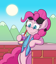 Size: 1681x1920 | Tagged: safe, artist:zanefir-dran, character:pinkie pie, species:pony, newbie artist training grounds, 7-eleven, bipedal, bipedal leaning, female, mountain, slurpee, solo, sunglasses, sweat, towel, wall