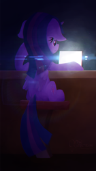 Size: 720x1280 | Tagged: safe, artist:opticspectrum, character:twilight sparkle, character:twilight sparkle (alicorn), species:alicorn, species:pony, chromatic aberration, female, folded wings, lens flare, looking at something, rear view, screen, sitting, solo, table