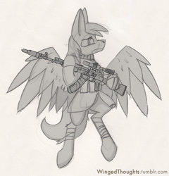 Size: 1038x1080 | Tagged: safe, artist:php122, oc, oc only, oc:rack redstar, ak-47, assault rifle, bandage, clothing, flying, gun, rifle, scope, serious, serious face, solo, spread wings, staker, weapon, wings