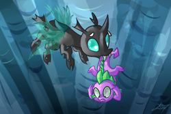 Size: 1500x1000 | Tagged: safe, artist:tamoqu, character:spike, character:thorax, species:changeling, episode:the times they are a changeling, g4, my little pony: friendship is magic, scene interpretation