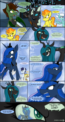 Size: 2560x4800 | Tagged: safe, artist:dangercloseart, character:fleetfoot, character:princess luna, character:queen chrysalis, character:soarin', character:spitfire, oc, oc:dive siren, oc:kitty hawk, species:alicorn, species:bat pony, species:changeling, species:pegasus, species:pony, comic:wings of fire, changeling queen, comic, fangs, female, glowing horn, male, mare, slit eyes, stallion, weapon