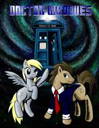 Size: 3757x4863 | Tagged: safe, artist:penspark, character:derpy hooves, character:doctor whooves, character:time turner, species:earth pony, species:pegasus, species:pony, ship:doctorderpy, clothing, doctor who, female, male, mare, necktie, shipping, space, stallion, stars, straight, suit, tardis, the doctor, time travel