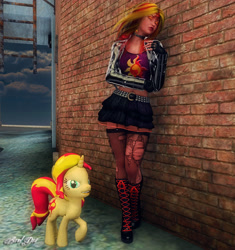 Size: 3663x3900 | Tagged: safe, artist:axel-doi, character:sunset shimmer, species:pony, 3d, 3d coat, belt, boots, choker, clothing, eyes closed, human ponidox, jacket, midriff, ponidox, poser pro, sexy, short skirt, side by side, signature, skirt, stockings, tank top, torn clothes, wall