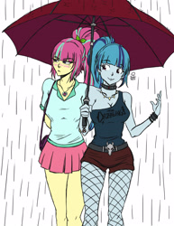 Size: 2550x3300 | Tagged: safe, artist:enyoiyourself, character:sonata dusk, character:sour sweet, my little pony:equestria girls, alternate costumes, blushing, breasts, choker, cleavage, female, fishnets, lesbian, shipping, sournata, spiked choker, umbrella, umbrella corporation
