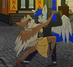 Size: 4451x4073 | Tagged: safe, artist:php122, oc, oc only, oc:ruby rustfeather, oc:wingedthoughts, species:anthro, species:hippogriff, species:pegasus, species:pony, absurd resolution, anthro oc, argentina, clothing, couple, dancing, dress, grabby boi, night, piercing, smiling, talons, tango, tuxedo