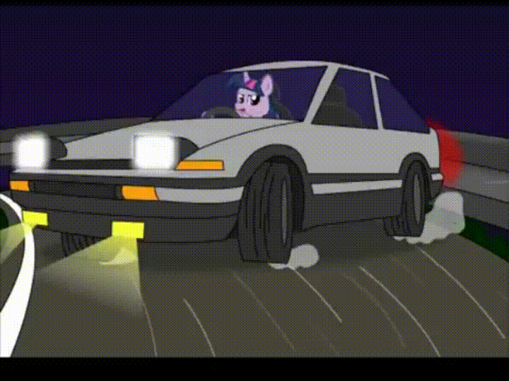 Size: 720x540 | Tagged: safe, artist:mindofnoodles, character:twilight sparkle, species:pony, species:unicorn, animated, car, drifting, driving, female, gif, initial d, mare, toyota, toyota sprinter trueno [ae86]