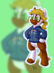 Size: 2224x3004 | Tagged: safe, artist:yugtra, oc, oc only, oc:pawprint, species:earth pony, species:pony, bipedal, clothing, ponytail, solo, zoom layer