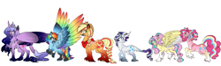 Size: 5000x1500 | Tagged: safe, artist:rarityforever, character:applejack, character:fluttershy, character:pinkie pie, character:rainbow dash, character:rarity, character:twilight sparkle, character:twilight sparkle (alicorn), species:alicorn, species:classical unicorn, species:pony, absurd resolution, alternate universe, braid, braided tail, cloven hooves, colored wings, colored wingtips, curved horn, ethereal mane, eye scar, eyepatch, galaxy mane, jewelry, leonine tail, line-up, mane six, missing eye, multicolored wings, rainbow feathers, rainbow power, rainbow wings, redesign, regalia, scar, simple background, socks (coat marking), tail feathers, unshorn fetlocks, white background