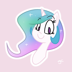 Size: 800x800 | Tagged: safe, artist:grilledcat, character:princess celestia, species:pony, bust, female, horn, mare, missing accessory, pink background, portrait, simple background, small horn, smiling, solo