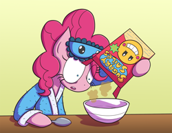 Size: 1920x1484 | Tagged: safe, artist:zanefir-dran, character:pinkie pie, bathrobe, bowl, cereal, clothing, empty, female, food, robe, sleep mask, solo, spoon, this will not end well