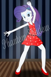 Size: 730x1095 | Tagged: safe, artist:phantomshadow051, character:rarity, my little pony:equestria girls, dancing, dancity, female, high heels, obtrusive watermark, red dress, solo, watermark