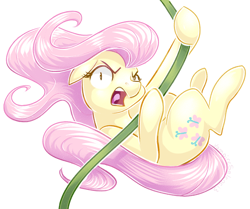 Size: 900x753 | Tagged: safe, artist:vampireselene13, character:fluttershy, angry, female, simple background, solo, swinging, vine