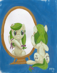Size: 800x1027 | Tagged: safe, artist:frozenpyro71, character:apple fritter, apple family member, dressing, female, mirror, painting, solo, traditional art