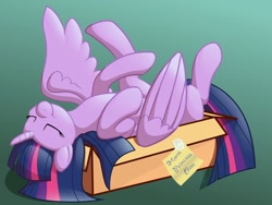 Size: 1280x960 | Tagged: safe, artist:nuka-kitty, artist:pon8d, character:twilight sparkle, character:twilight sparkle (alicorn), species:alicorn, species:pony, adorkable, behaving like a cat, box, cardboard box, collaboration, cute, digital art, dork, eyes closed, female, gradient background, green background, legs in air, lounging, majestic as fuck, on back, pony in a box, sign, simple background, sleeping, smiling, solo, sprawl, spread wings, twiabetes, wings