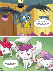 Size: 1171x1567 | Tagged: safe, artist:crimsonbugeye, character:apple bloom, character:gabby, character:scootaloo, character:sweetie belle, species:griffon, episode:the fault in our cutie marks, g4, my little pony: friendship is magic, colored pupils, comic, crossover, cute, cutie mark crusaders, deal with the devil, diasweetes, emotionless, gabbybetes, incubator (species), it's a trap, kyubey, puella magi madoka magica, pure unfiltered evil, species swap, this will end in tears and/or death, xk-class end-of-the-world scenario