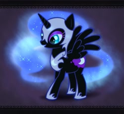Size: 607x561 | Tagged: safe, artist:araraginatsuki, character:nightmare moon, character:princess luna, species:alicorn, species:pony, cute, female, filly, mare, nightmare woon, open mouth, pixiv, smiling, solo, spread wings, wings, younger