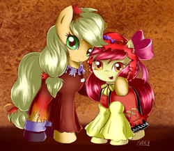 Size: 856x742 | Tagged: safe, artist:nika191319, character:apple bloom, character:applejack, species:earth pony, species:pony, g4, adorabloom, applejack also dresses in style, clothing, costume, crossover, cute, digital art, dress, female, filly, jackabetes, looing at you, mare, minoriko aki, open mouth, open smile, shizuha aki, smiling, touhou, young