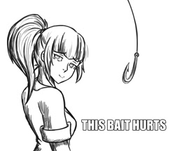 Size: 1103x958 | Tagged: safe, artist:enyoiyourself, character:sonata dusk, my little pony:equestria girls, bait, crying, female, fishing hook, hook, impact font, looking at you, monochrome, reaction image, solo, this is bait