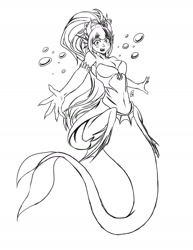 Size: 1280x1656 | Tagged: safe, artist:enyoiyourself, character:sonata dusk, species:siren, belly button, blushing, breasts, busty sonata dusk, fangs, female, jewel, jewelry, looking at you, mermaid, mermaidized, midriff, monochrome, ocean, pendant, sirens doing siren things, solo, species swap, underwater