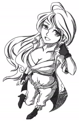Size: 1250x1920 | Tagged: safe, artist:enyoiyourself, character:sunset shimmer, species:human, belly button, breasts, clothing, coat, female, gloves, humanized, looking at you, midriff, monochrome, one piece, sarashi, solo