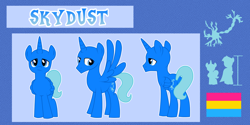 Size: 1024x512 | Tagged: safe, artist:riisusparkle, character:twilight sparkle, oc, oc only, oc:skydust, species:alicorn, species:pony, alicorn oc, bald, clothing, cutie mark, horn, pansexual, pansexual pride flag, pride, reference sheet, size comparison, tail, wings
